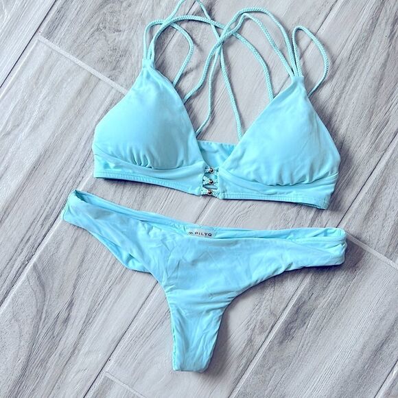 Pilyq Turquoise Bikini Set Bathing Suit Small Top Medium Bottom - Picture 1 of 5